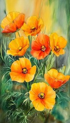 Fototapeta premium Watercolor painting of orange and red poppies in a garden setting with green foliage