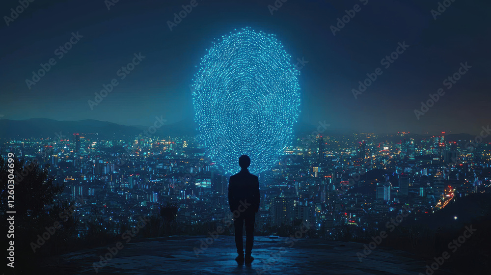 Poster massive digital fingerprint hovers over an iot network, illustrating personal data vulnerability in 