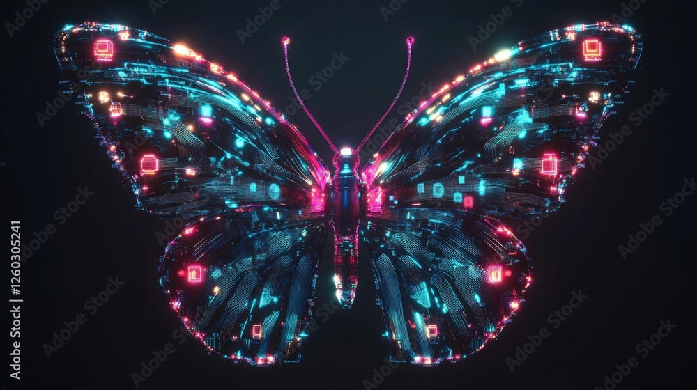 Poster a high-tech digital transformation concept featuring a butterfly composed of glowing circuits and ai