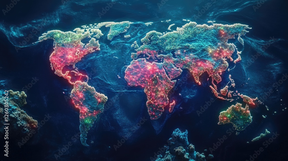 Poster a high-tech representation of global connectivity, with a neon world map and interconnected nodes on