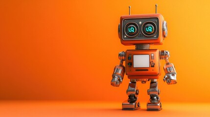 Fototapeta premium A high-tech yet adorable robot standing confidently, directing focus to a blank area for advertising or branding.