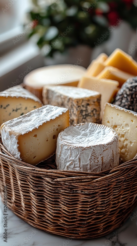Poster a beautifully displayed selection of assorted cheese varieties, highlighting textures and colors in 