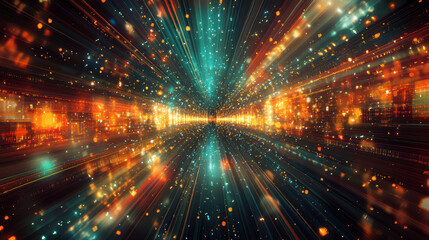 Obraz premium Futuristic metropolis showcases harmonious coexistence of AI and humans, characterized by towering skyscrapers and vibrant holographic data streams