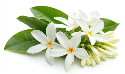 Obraz premium White gardenia blossoms and leaves isolated on white background, suitable for beauty or spa designs