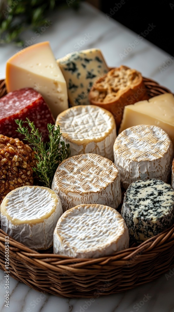 Poster an exquisite presentation of gourmet cheeses showcasing various textures and colors, artfully placed