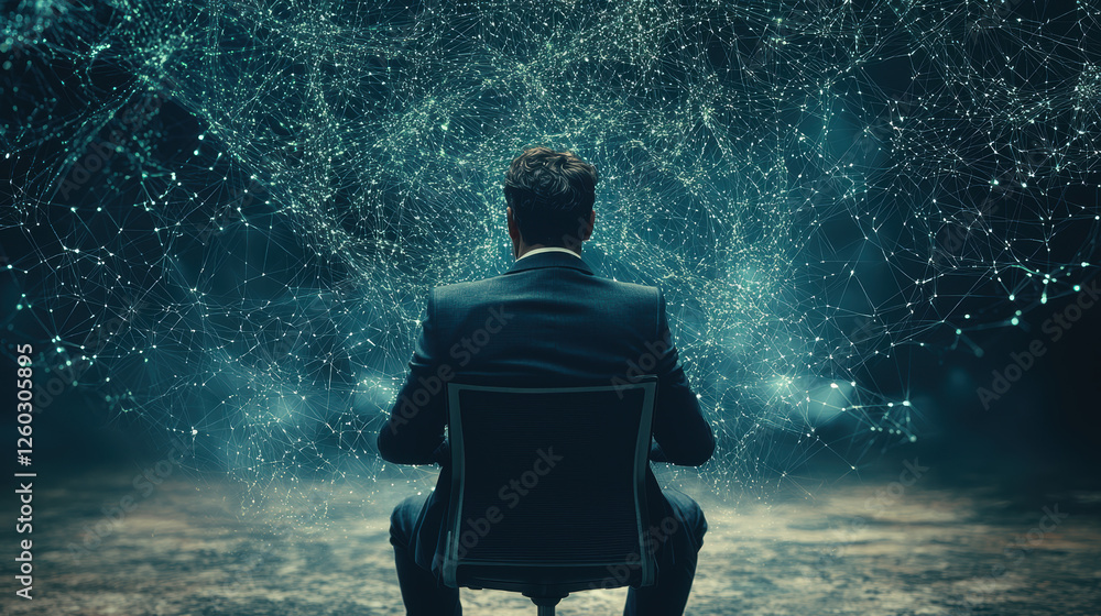 Poster powerful tech ceo embraces data streams in a digital realm, highlighting the exploitation of informa