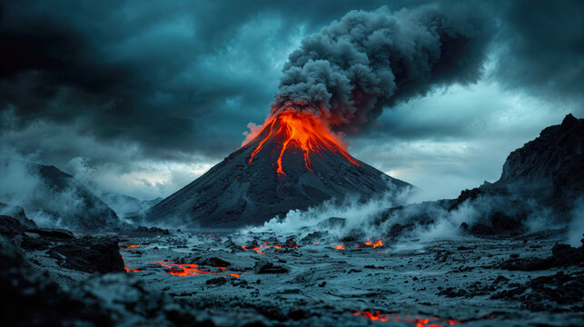Dramatic Eruption of Volcano with Flowing Lava at Night