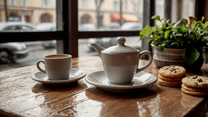 Obraz premium A white cup of hot coffee and biscuits on a table in a modern cozy cafe by the window. It's raining outside. The concept of comfort and warmth.