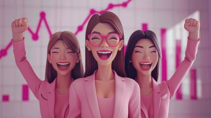 Cartoon-style businesswomen celebrating corporate achievements with pink charts and graphs in background, symbolizing financial success, leadership, and female empowerment in business...