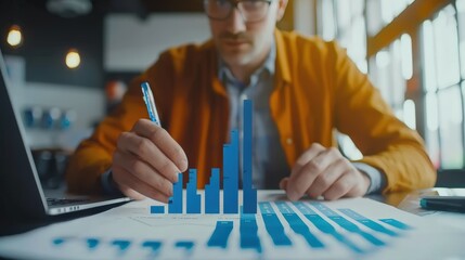 Business analyst reviewing financial data with bar charts on paper, analyzing market trends, and strategizing investment decisions in a modern office environment using data-driven insights.