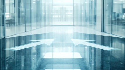 Obraz premium Two glowing arrows converging into one on a sleek glass table, symbolizing business merger, partnership, collaboration, and strategic alliance concepts.