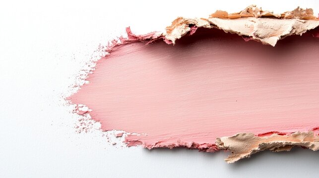  a close up of a pink blush on a white background with a torn piece of paper in the center The blush is a vibrant pink color, and the paper is slightly crumpled, gi