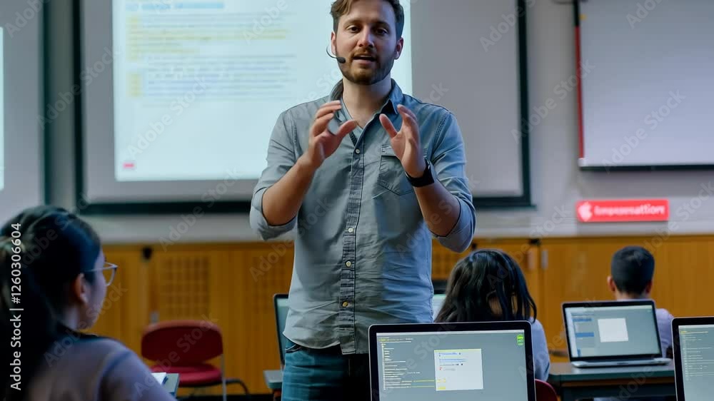 Poster a teacher engages students with an interactive lecture on technology, using visual aids in a well-eq
