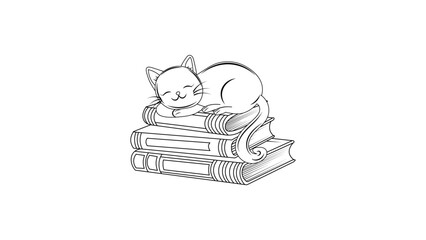 Cute Sleeping Black Cat on Books Outline Vector – Adorable Cartoon Kitty for Coloring Pages, Stickers, Logos, and Digital Designs