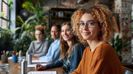 Young woman with curly hair wearing glasses and a warm sweater sitting at a wooden table in a modern coworking space. Three colleagues sitting nearby in a creative workspace with natural light...
