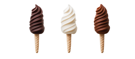 Chocolate, Vanilla, and Chocolate Swirl Ice Cream Cones: A trio of delightful ice cream cones, featuring chocolate, vanilla, and chocolate swirl flavors, ready to satisfy your sweet tooth.