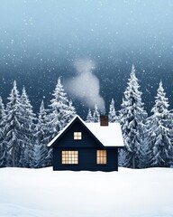 A cozy winter cabin with smoke curling from the chimney and snow-covered trees,