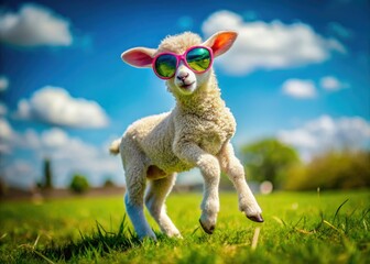 Playful sheep, miniature landscape, sunglasses tilted â€“ pure, joyful lamb dance.