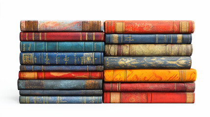 Pile of colorful antique books isolated on a white background