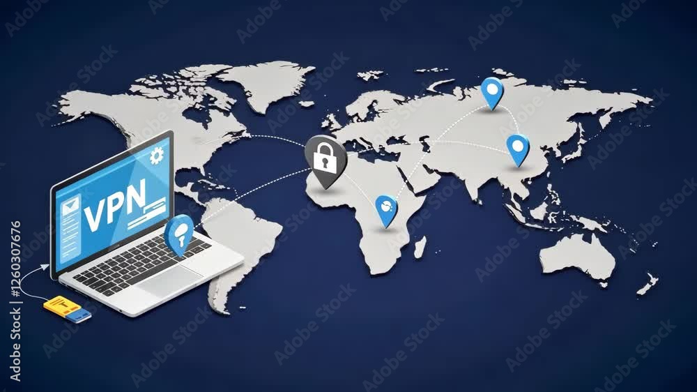 Poster vpn, laptop and world map for cybersecurity, internet privacy and secure connection. global network,