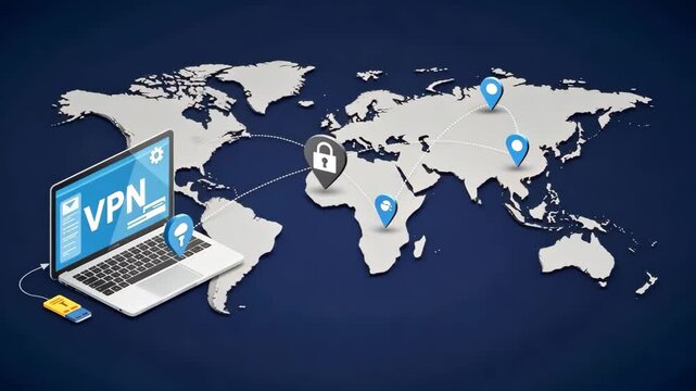 VPN, laptop and world map for cybersecurity, internet privacy and secure connection. Global network, online access and data protection for digital security