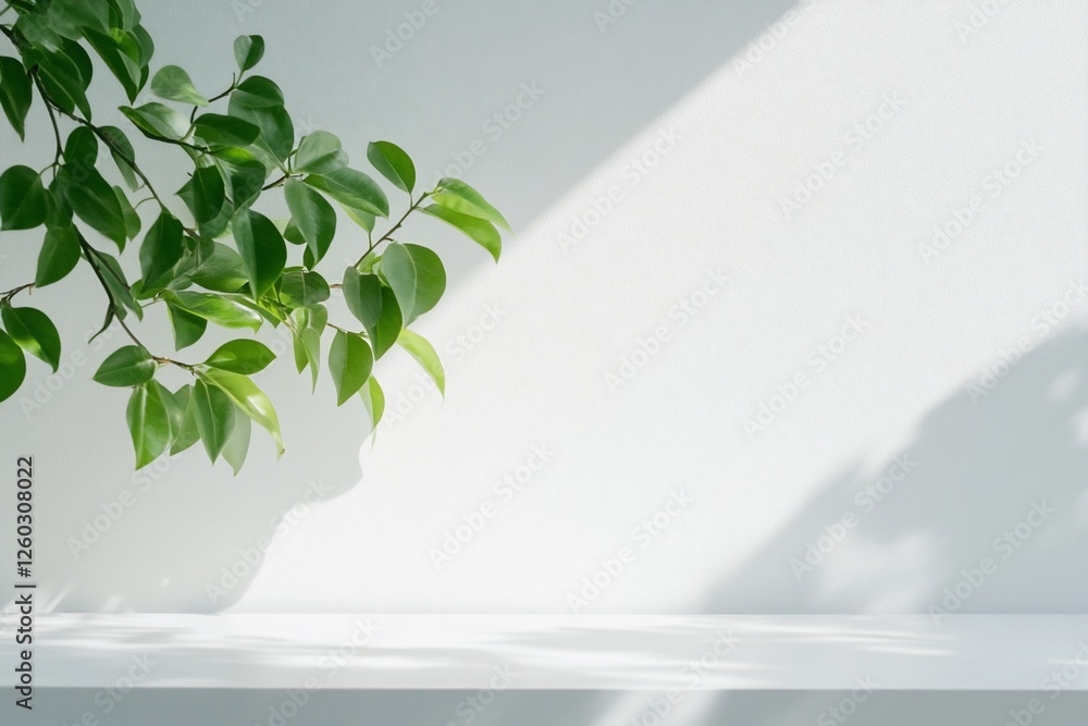 Poster Green leaves casting shadows on a minimalist white background shelf