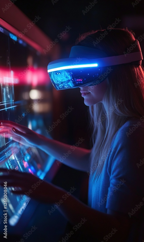Poster woman uses vr headset to interact with digital interface in dark tech environment