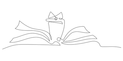 Creative line drawing of a frog sitting on an open book with whimsical style