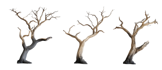 Twisted Branches, Isolated: Three skeletal trees with gnarled, twisted branches stand starkly against a clean background, their forms suggesting resilience and defiance against the elements.