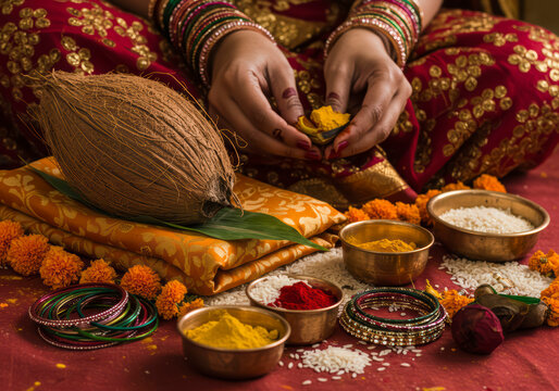 Auspicious Navratri Oti Bharne Ritual with Sari, Mangalsutra, and Sacred Items for Blessings and Prosperity