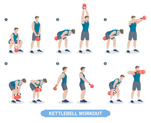 Kettlebell exercise workouts for men vector illustration.