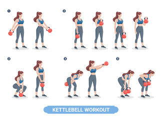 Kettlebell exercise workouts for women vector illustration.