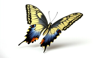 Obraz premium Yellow butterfly with blue and orange markings in flight on white background
