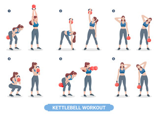 Kettlebell exercise workouts for women vector illustration.