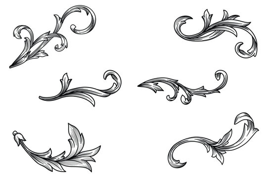 Set of Baroque Scroll engraving Ornament. Victorian filigree decoration element, Floral flourish Graphic Design with Spirals and scrolls vector illustration