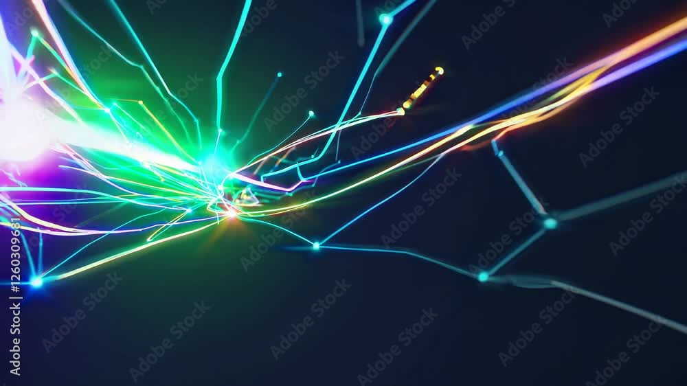 Poster dynamic video concept with colorful, intersecting light trails creating a web-like pattern. captured