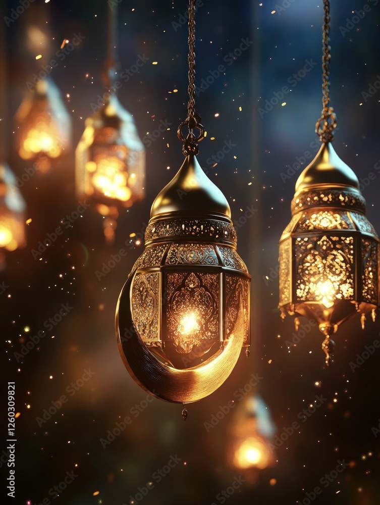 Poster golden lanterns with intricate details illuminate a dark background, creating a warm and festive atm