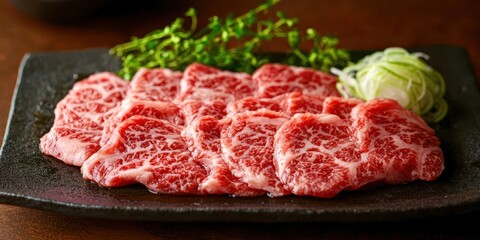 Plate of beef with a green herb on top