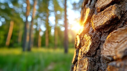  a close up of a tree trunk in the woods with the sun shining through it, surrounded by lush green grass and tall trees in the background