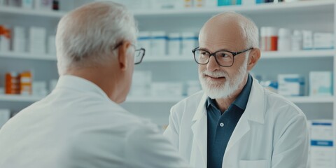 Obraz premium An elderly man consulting with a pharmacist, receiving advice on managing prescriptions