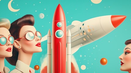 Retro futurism stylish women with sunglasses admire a bold red rocket launch against a vibrant celestial background