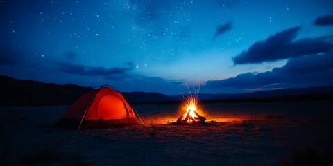 Night camping, desert bonfire, starry sky, adventure travel