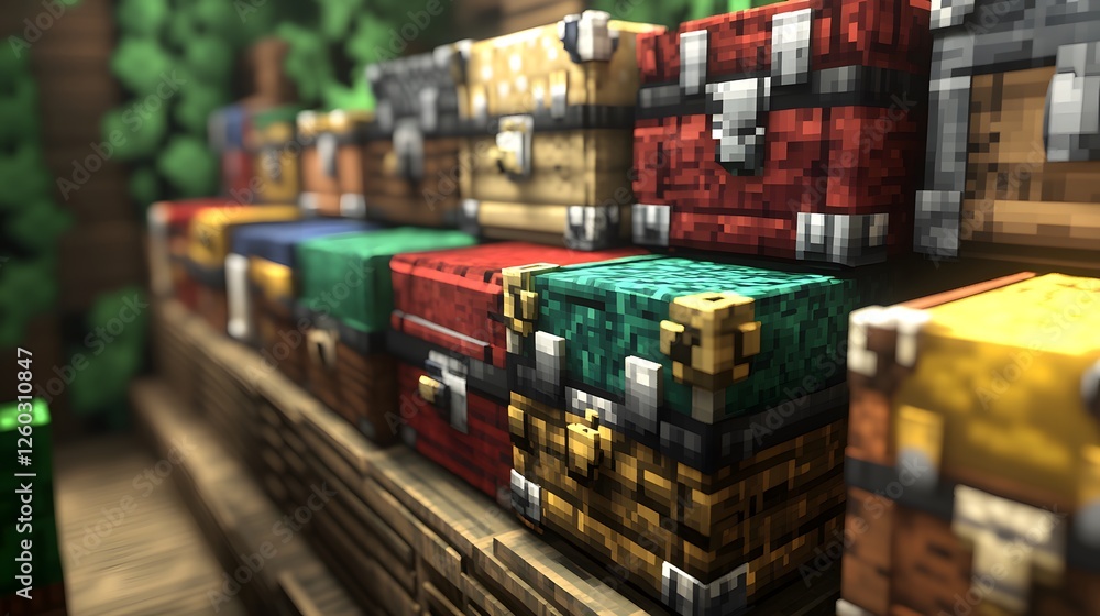 Aufkleber collection of boxes arranged on a wooden bench showcasing various voxel assets for virtual use