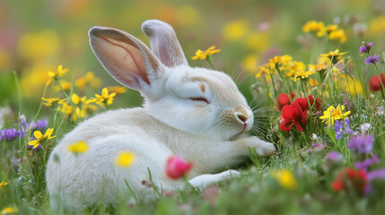 Fototapeta premium Sleeping white rabbit surrounded by blossoms