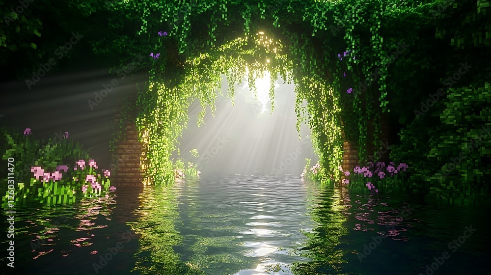 Poster dynamic voxel world-building scene with river and light effects illuminating water surface