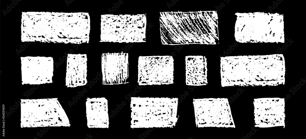 Poster set of abstract geometric basic shapes drawn with pastel white color or charcoal. hand drawn paint q