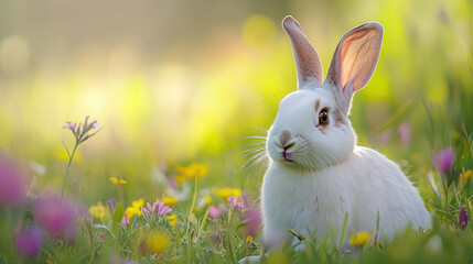 Fototapeta premium Relaxed white rabbit among colorful flowers