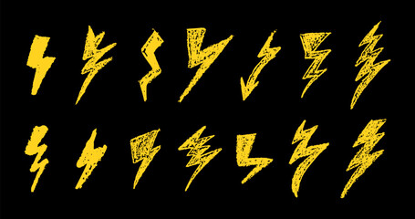 Set of lightning by wax pencil drawing. Collection of handdrawing chalk , light flash signs, Doodle thunder bolts, golden color design elements. Graffiti style weather symbols. Vector illustration.