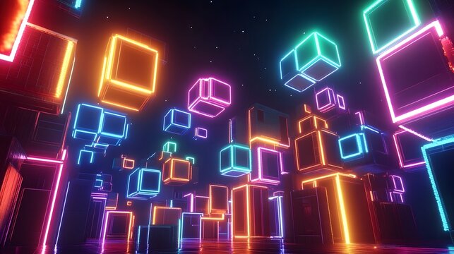 Colorful neon city skyline with various buildings and vibrant voxel shaders illuminating the night