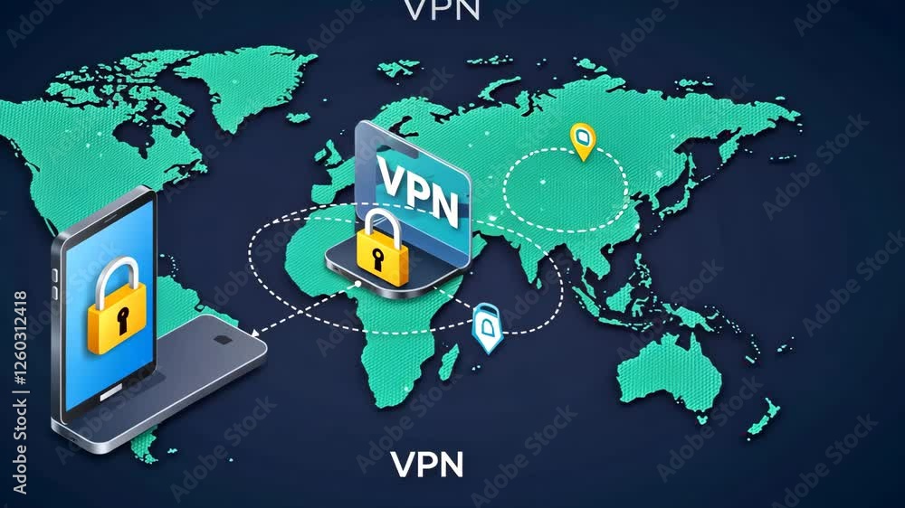Poster vpn, laptop and world map for cybersecurity, internet privacy and secure connection. global network,